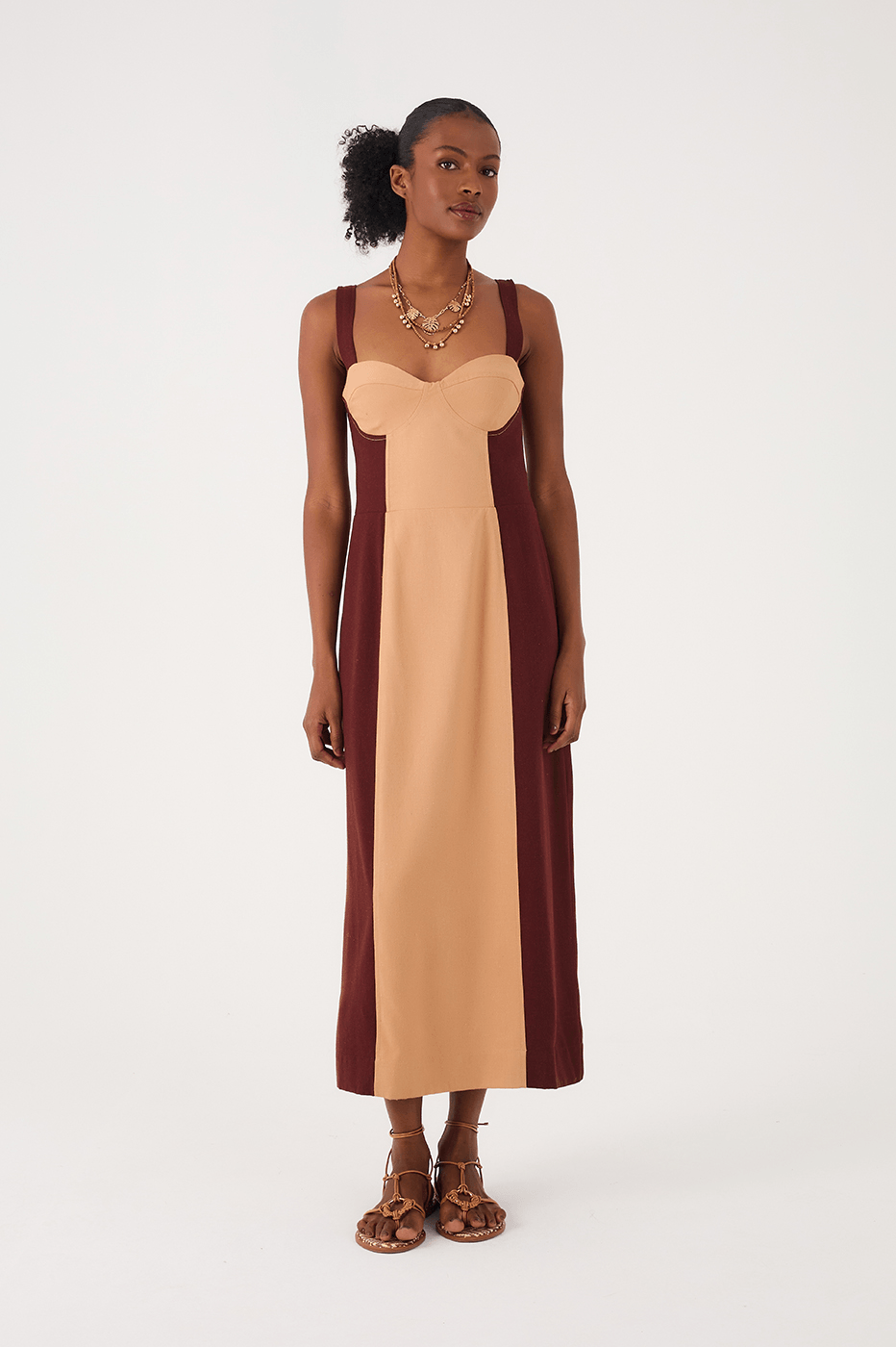 Brown And Beige Linen Midi Dress