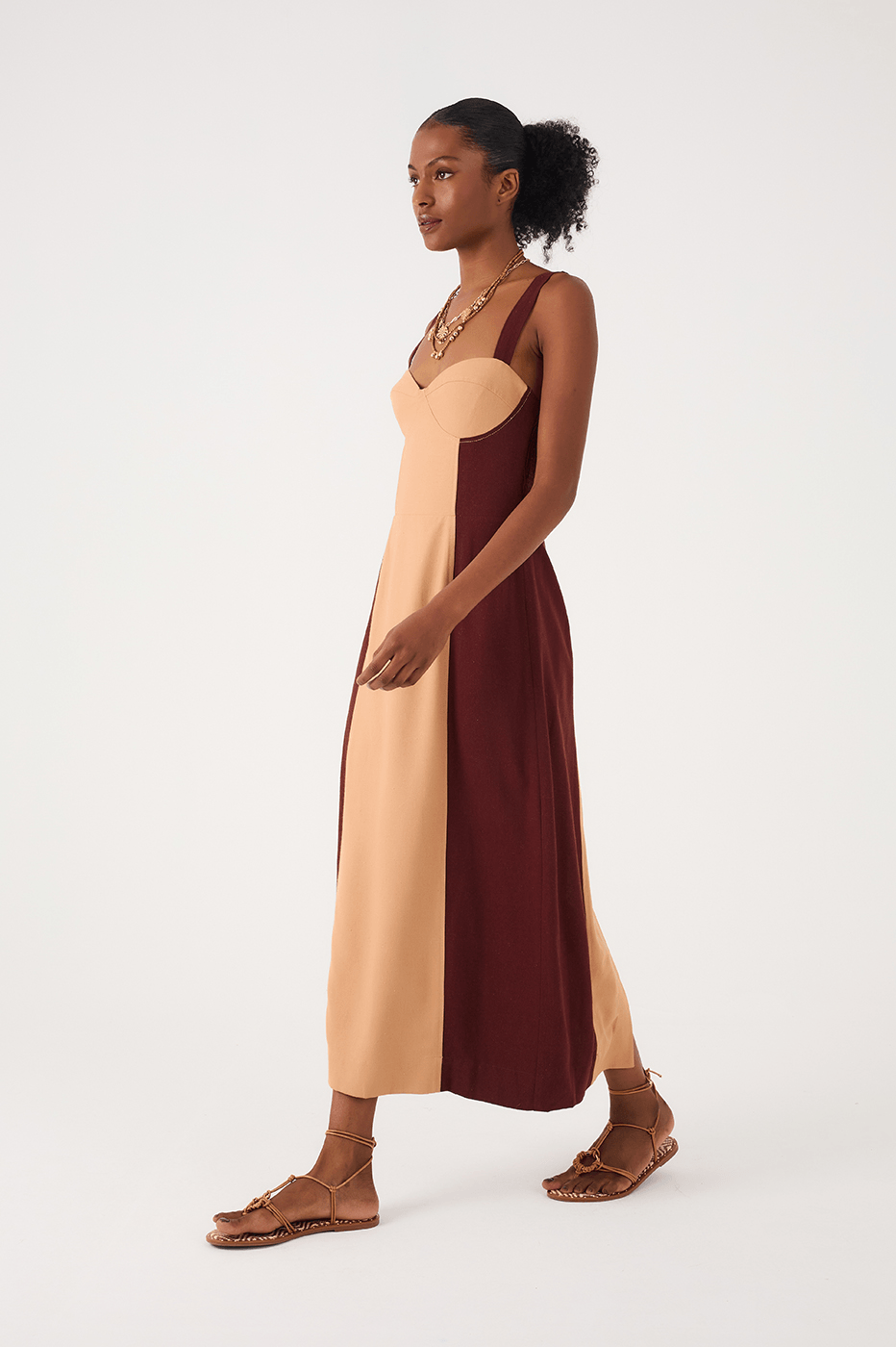 Brown And Beige Linen Midi Dress