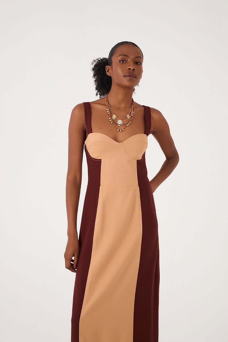 Brown And Beige Linen Midi Dress