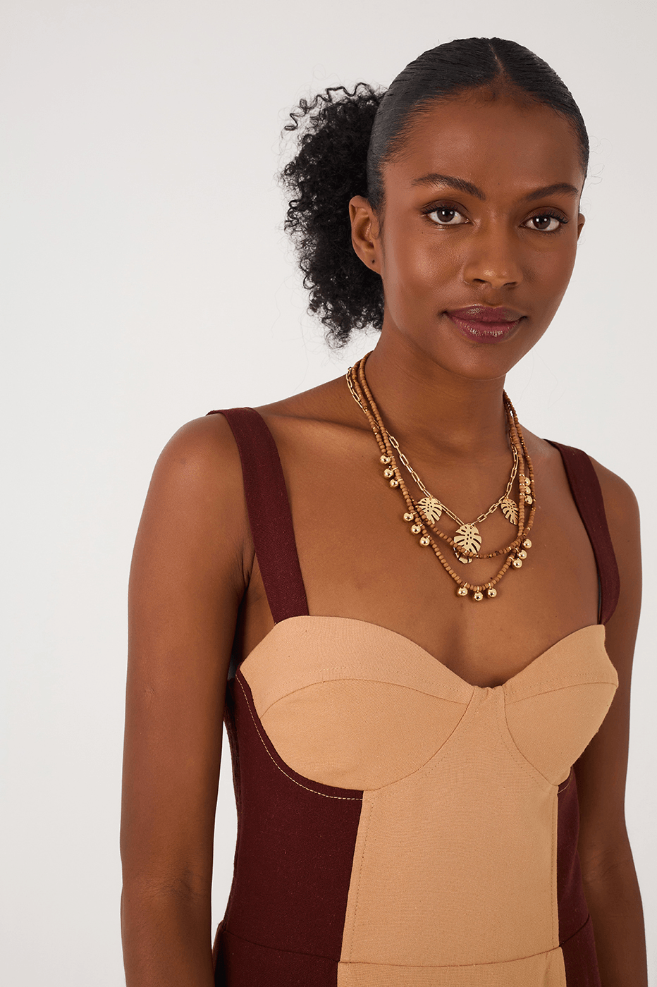 Brown And Beige Linen Midi Dress