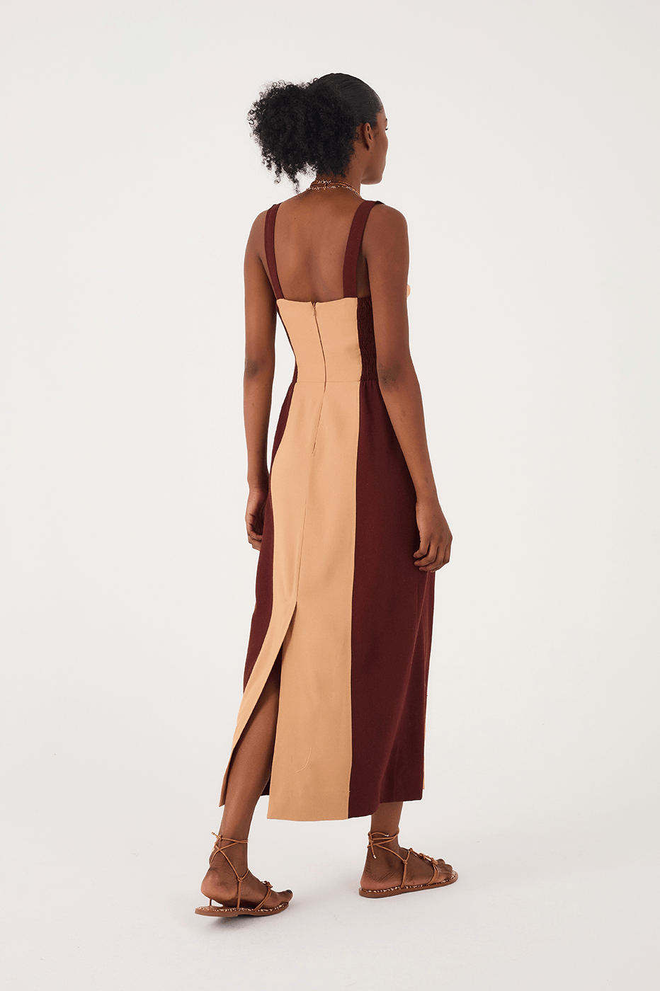 Brown And Beige Linen Midi Dress
