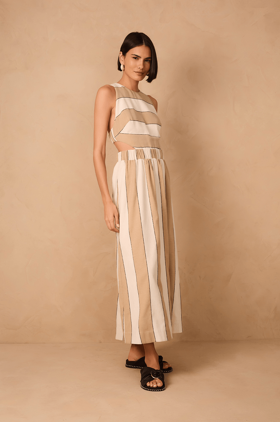 Beige Stripes Cut-Out Bodice Linen Maxi Dress