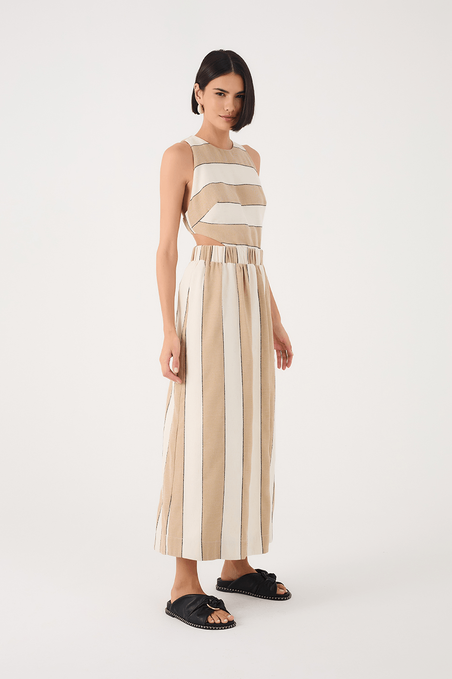 Beige Stripes Cut-Out Bodice Linen Maxi Dress