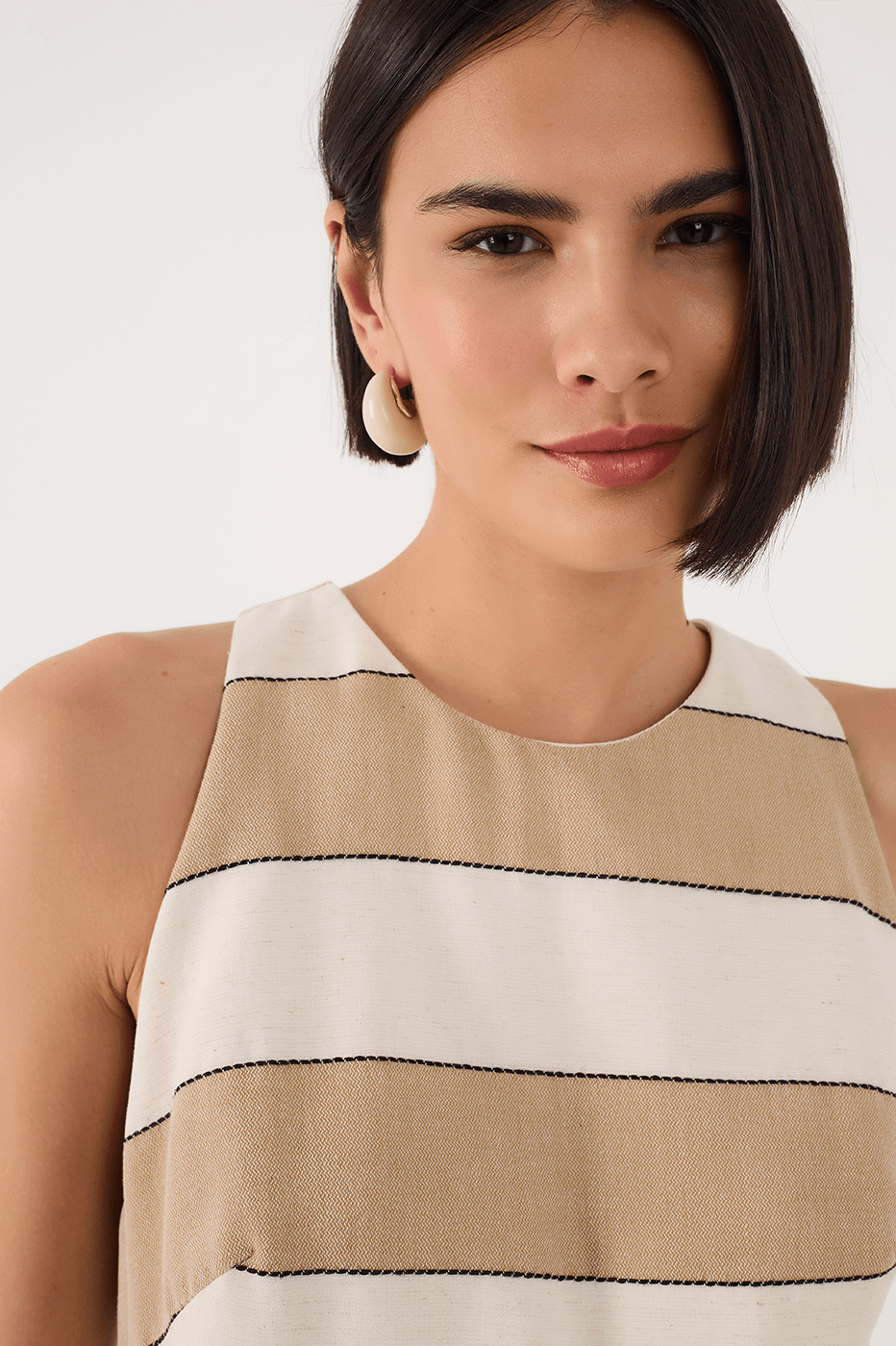 Beige Stripes Cut-Out Bodice Linen Maxi Dress