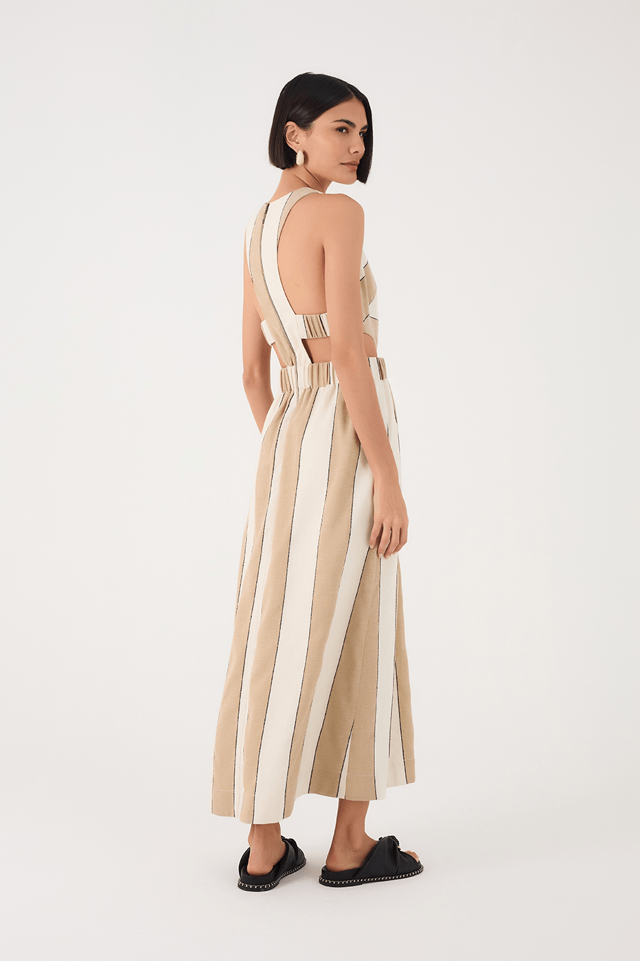 Beige Stripes Cut-Out Bodice Linen Maxi Dress