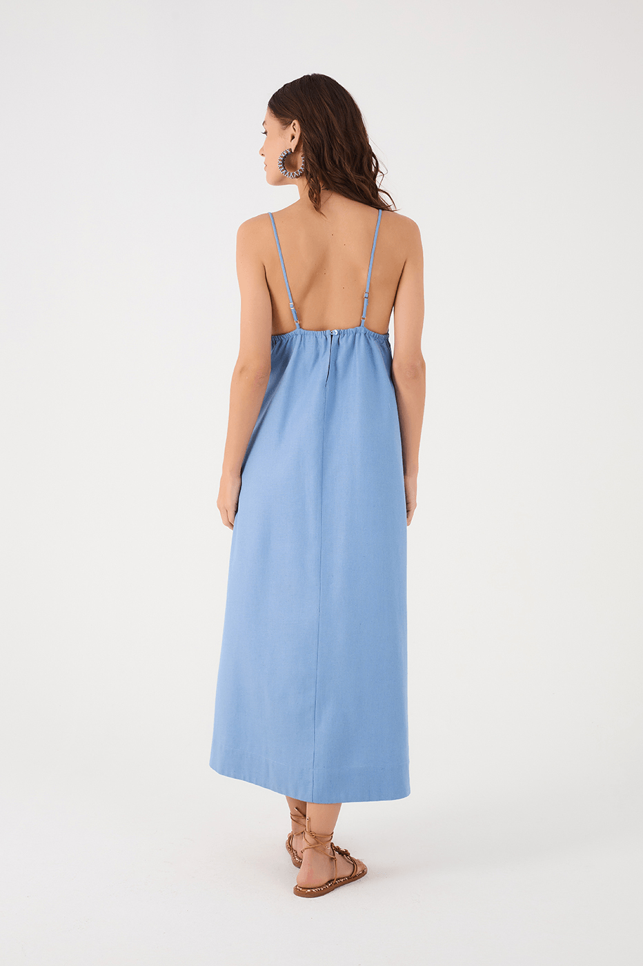 Blue Sleeveless Ruched Bodice Midi Dress