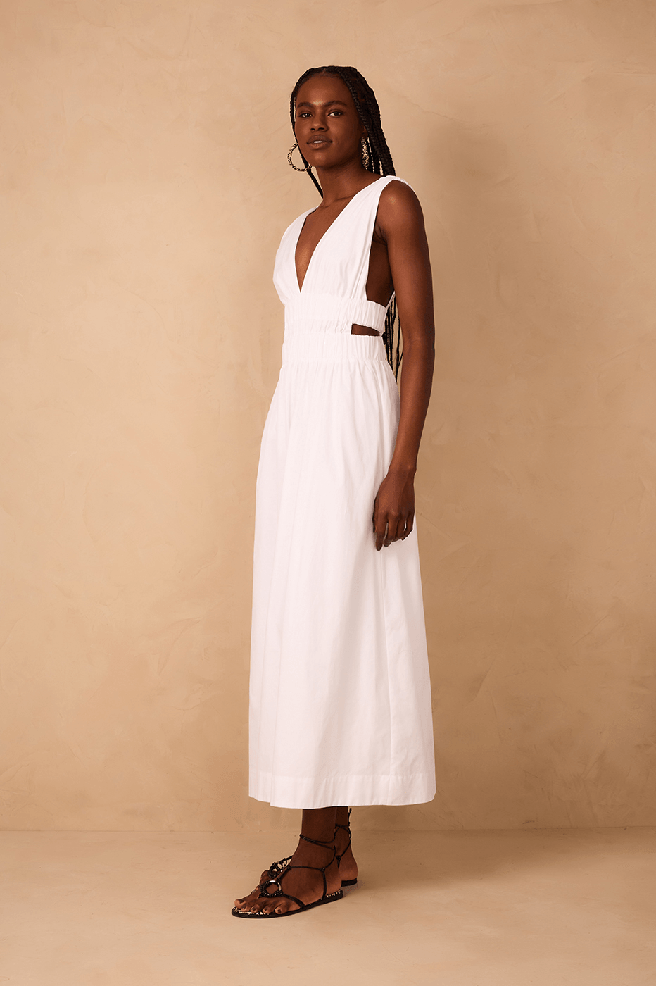 White Plunging Neck Elastic Straps Cotton Maxi Dress - White / XL White Plunging Neck Elastic Straps Cotton Maxi Dress - White / XL