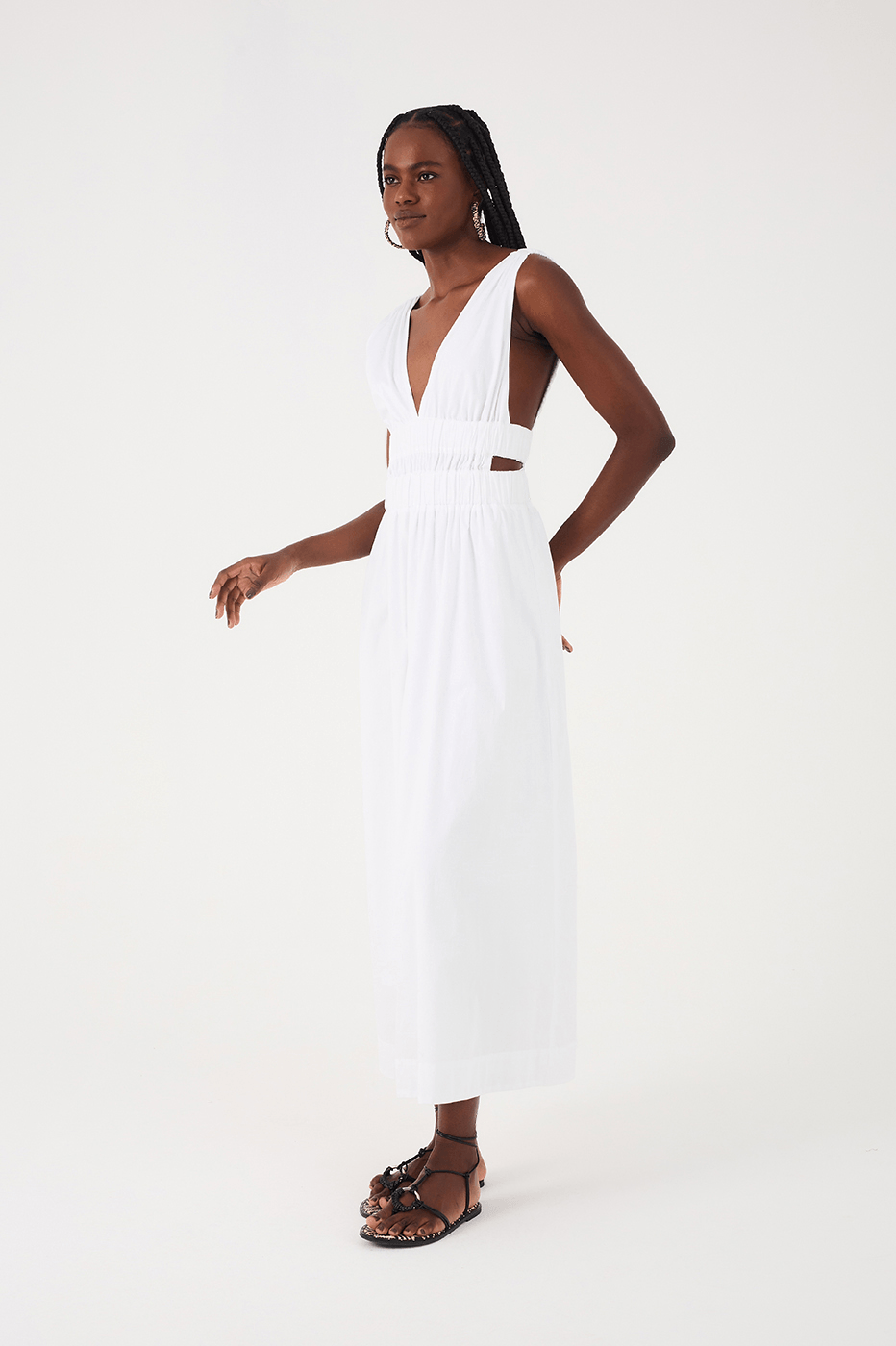 strap cotton dress LONG COTTON STRAPS DRESS: IVORY WITH GREEN FLORAL EMBROIDERY