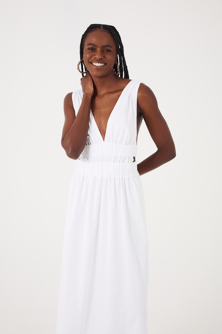 White Plunging Neck Elastic Straps Cotton Maxi Dress