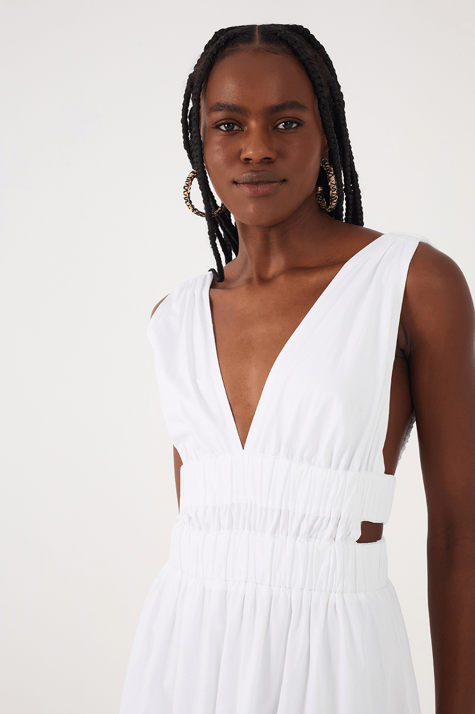 White Plunging Neck Elastic Straps Cotton Maxi Dress - White / XL White Plunging Neck Elastic Straps Cotton Maxi Dress - White / XL