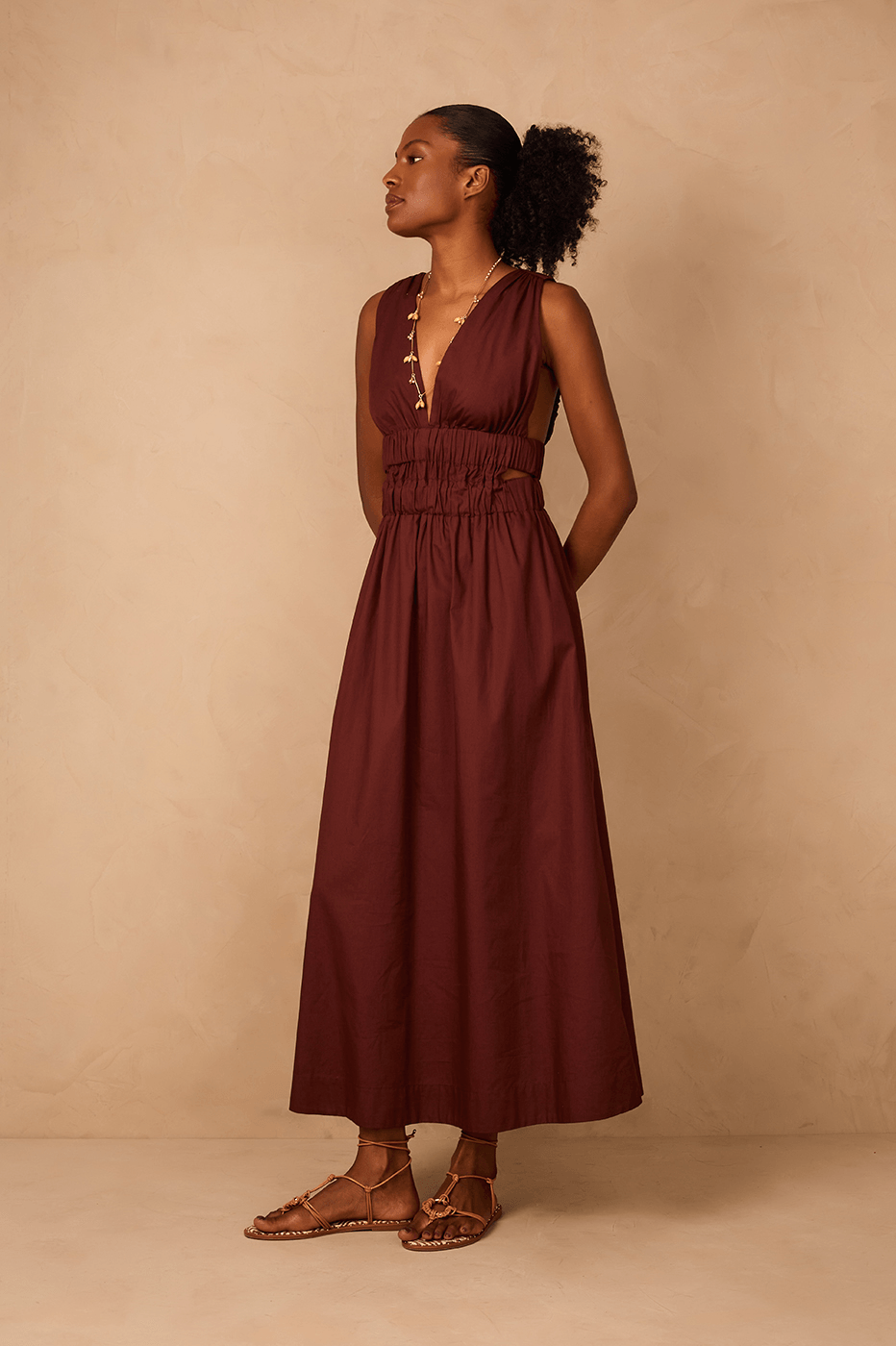 Brown Caffeine Plunging Neck Elastic Straps Cotton Maxi Dress