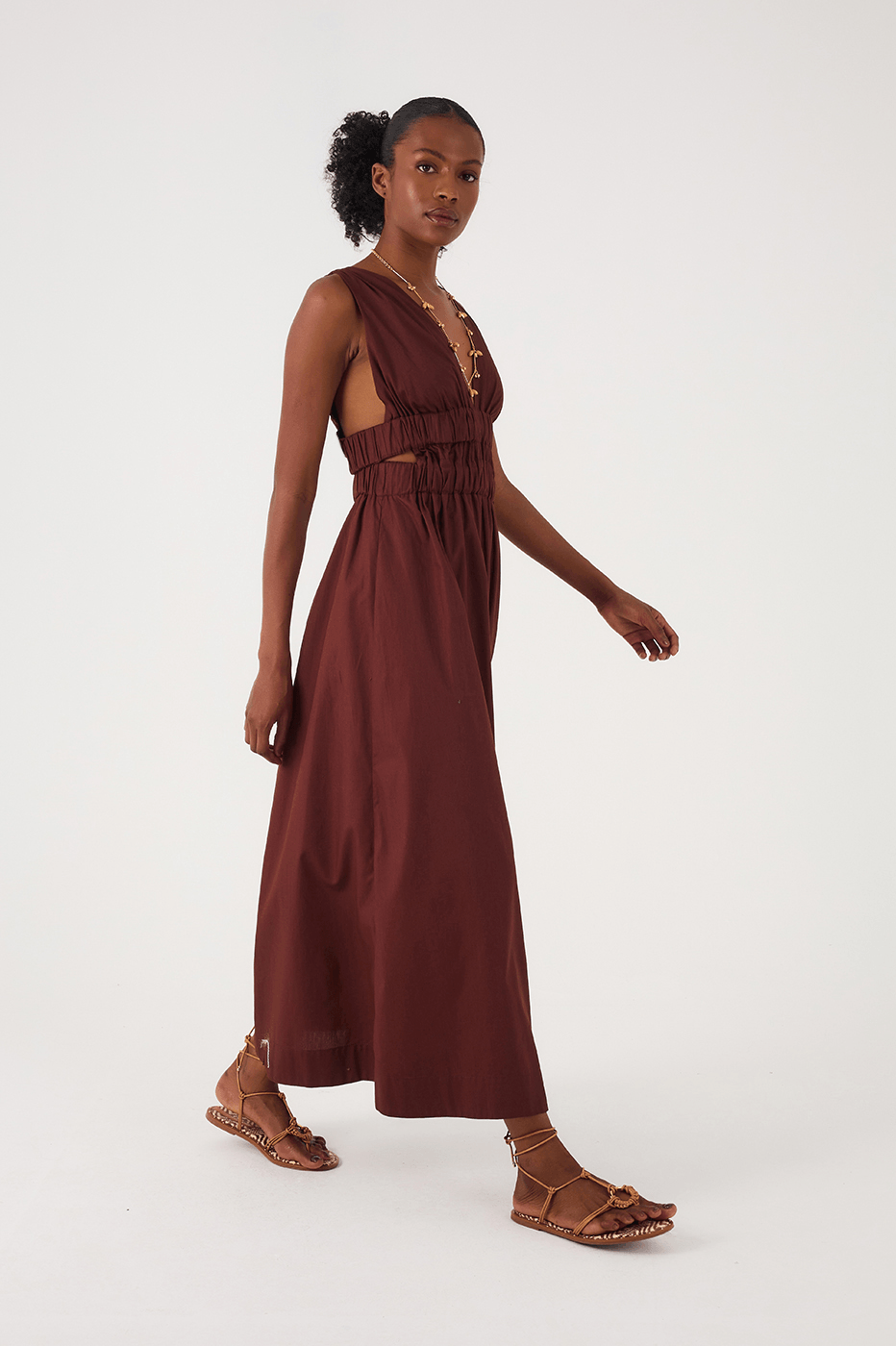 Brown Caffeine Plunging Neck Elastic Straps Cotton Maxi Dress