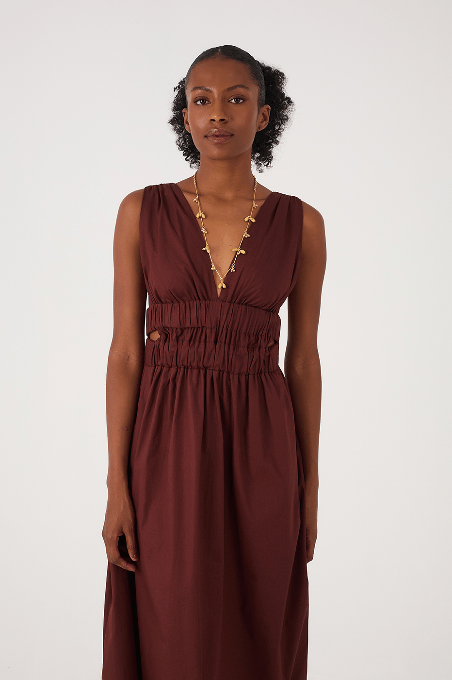 Brown Caffeine Plunging Neck Elastic Straps Cotton Maxi Dress
