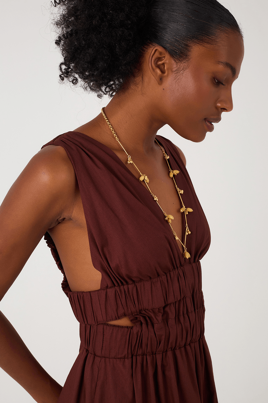 Brown Caffeine Plunging Neck Elastic Straps Cotton Maxi Dress