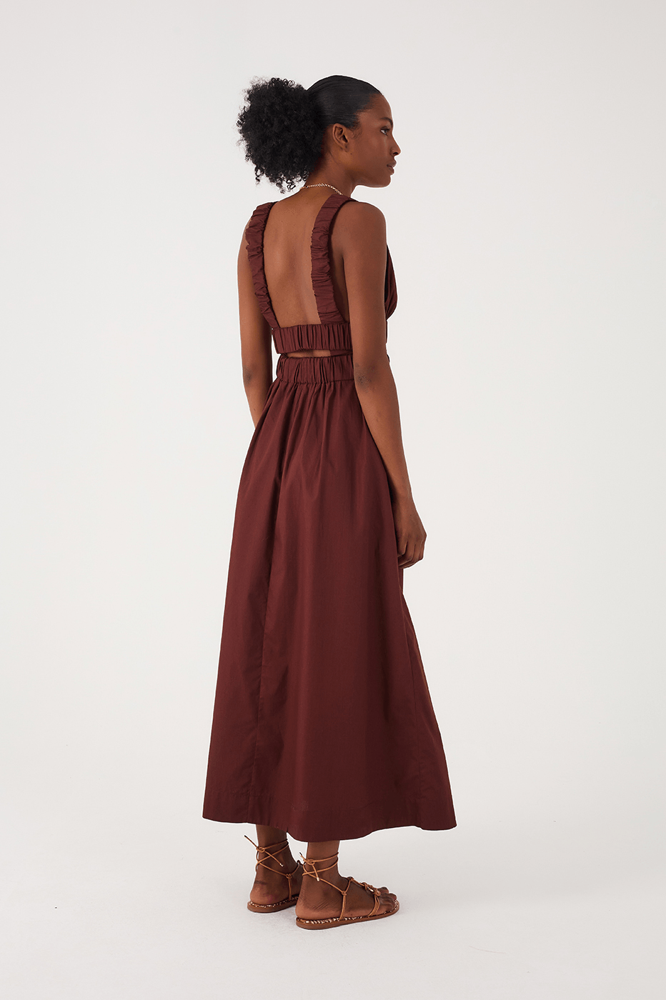 Brown Caffeine Plunging Neck Elastic Straps Cotton Maxi Dress