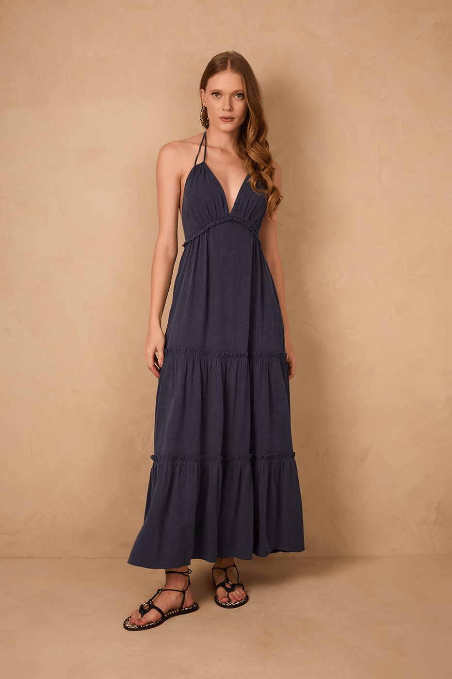 maria halter maxi dress Indigo Blue Neck Tiered suit styles for ladies