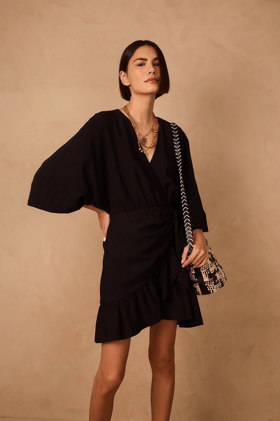Black Kimono Sleeves Wrap Mini Dress