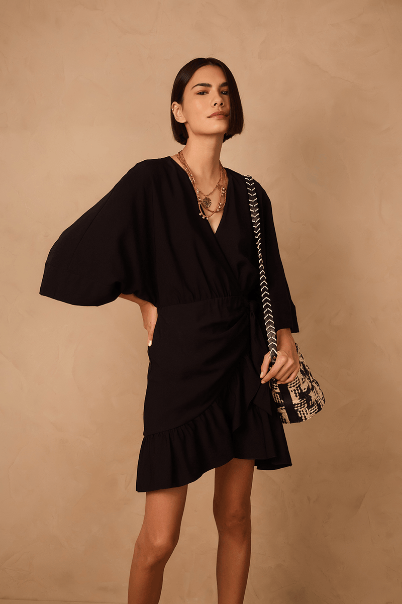 Black Kimono Sleeves Wrap Mini Dress_1