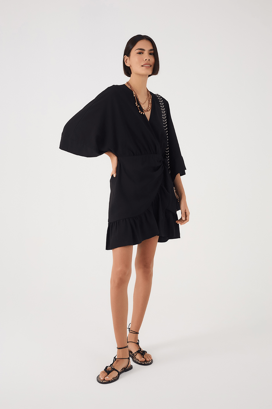 Black Kimono Sleeves Wrap Mini Dress
