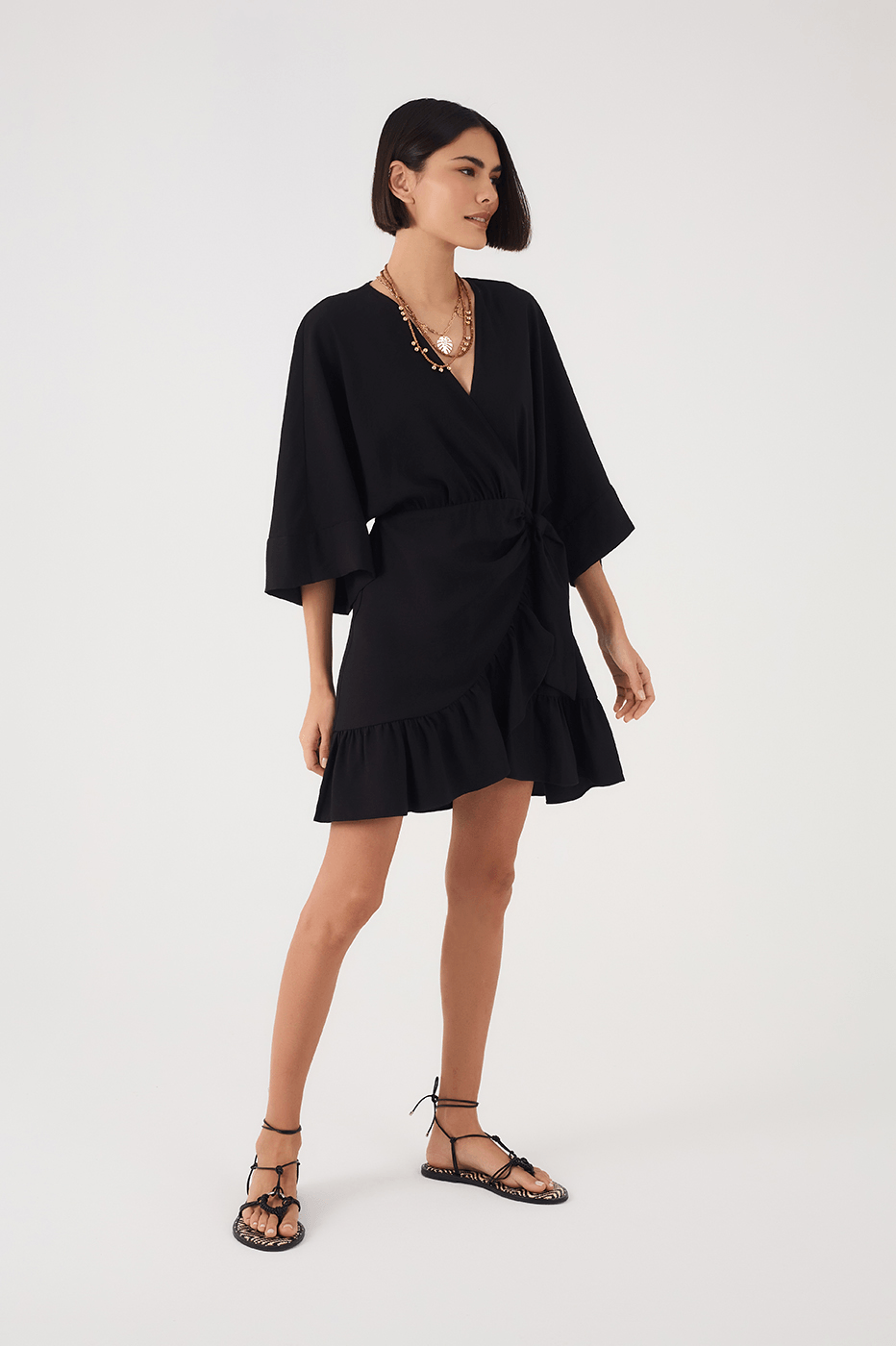 Black Kimono Sleeves Wrap Mini Dress