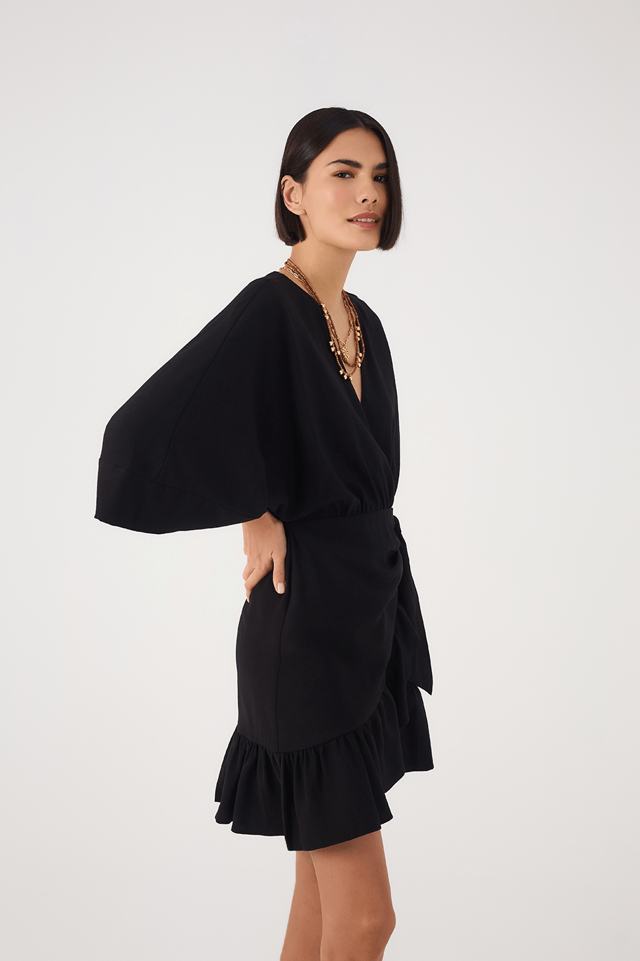 Black Kimono Sleeves Wrap Mini Dress