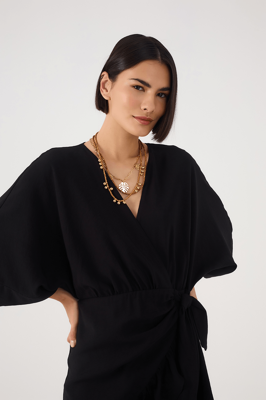 Black Kimono Sleeves Wrap Mini Dress