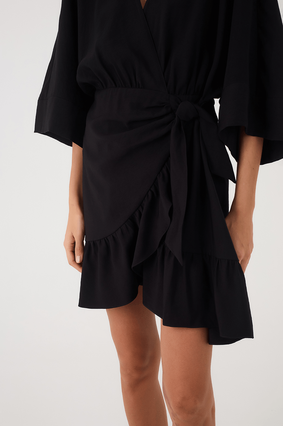 Black Kimono Sleeves Wrap Mini Dress