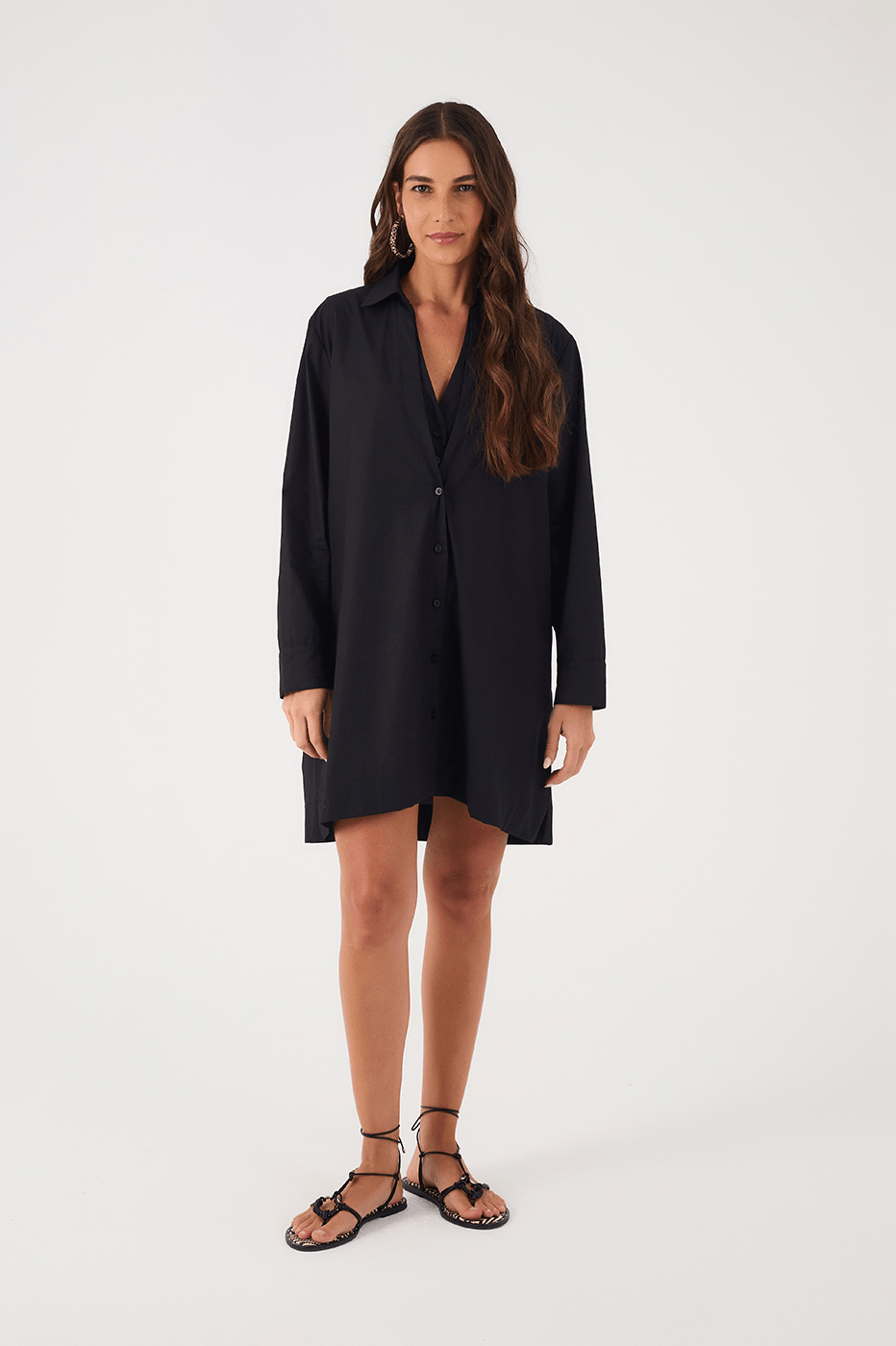 Black Buttoned Cotton Chemise Mini Dress