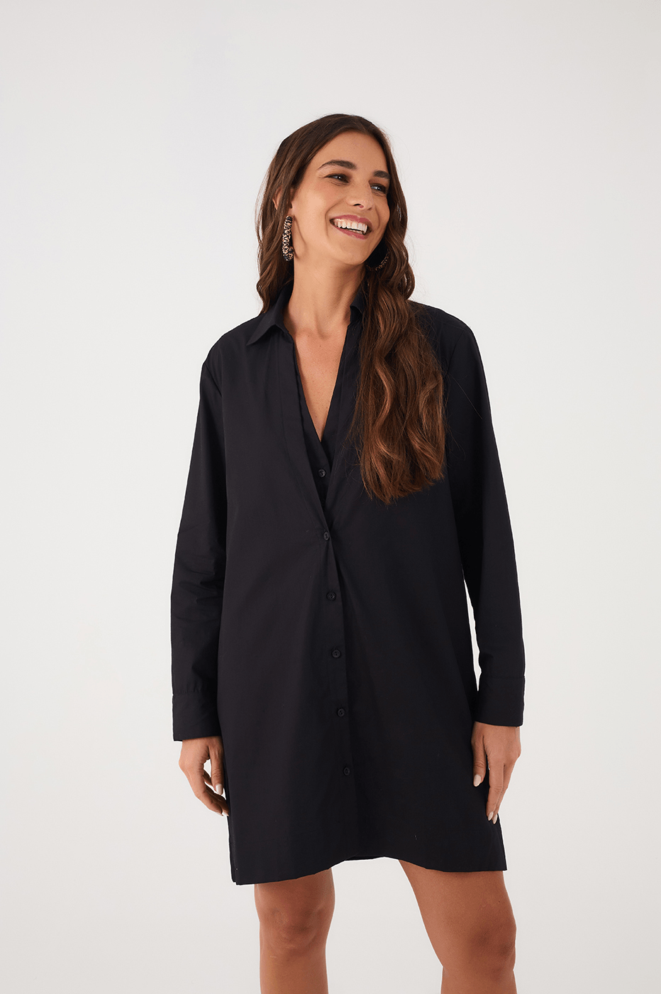 Black Buttoned Cotton Chemise Mini Dress