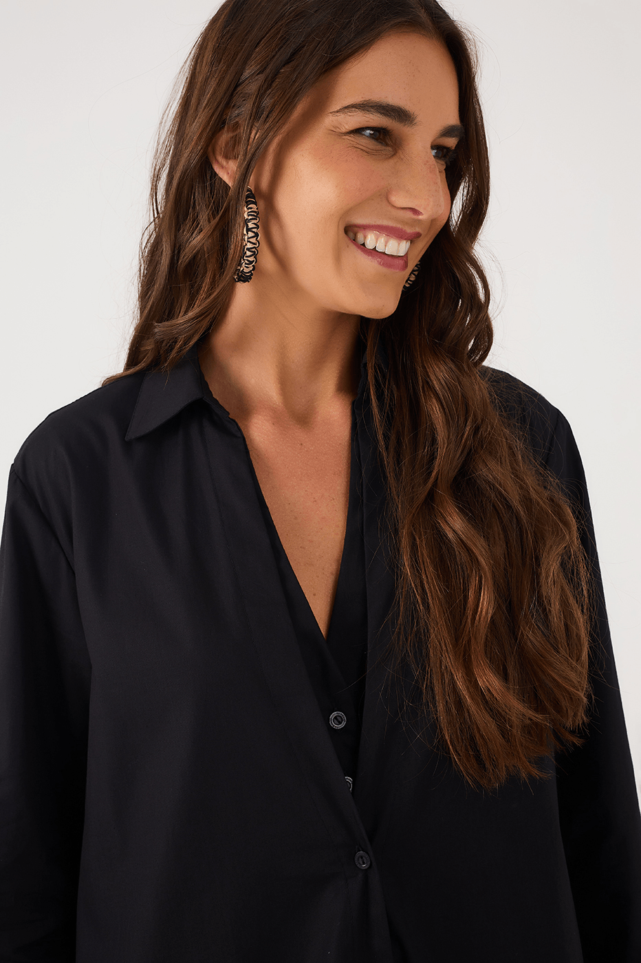 Black Buttoned Cotton Chemise Mini Dress