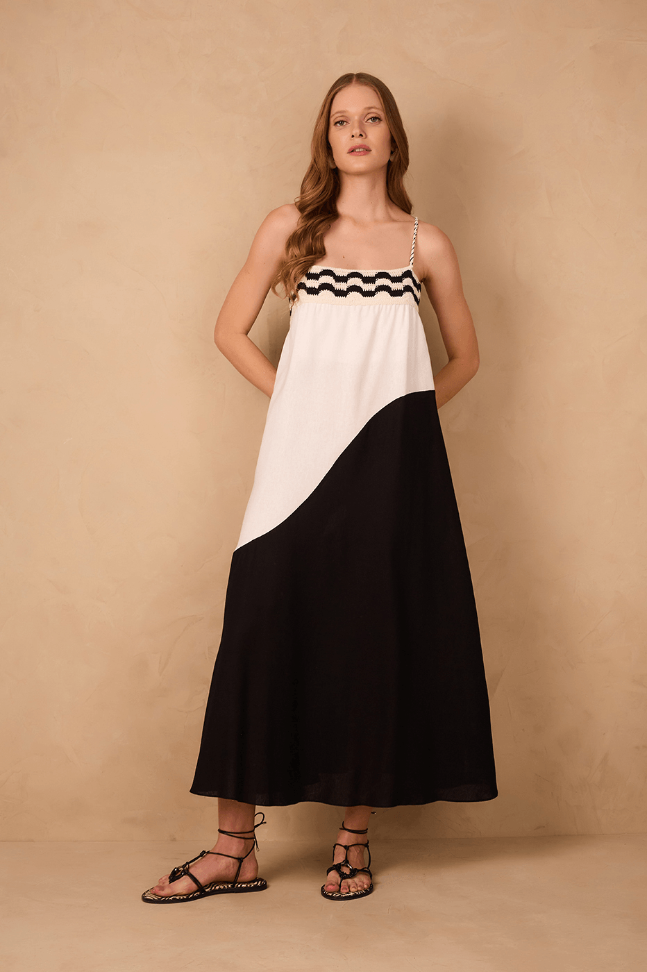 Black And White Crochet Neckline Ties Linen Maxi Dress