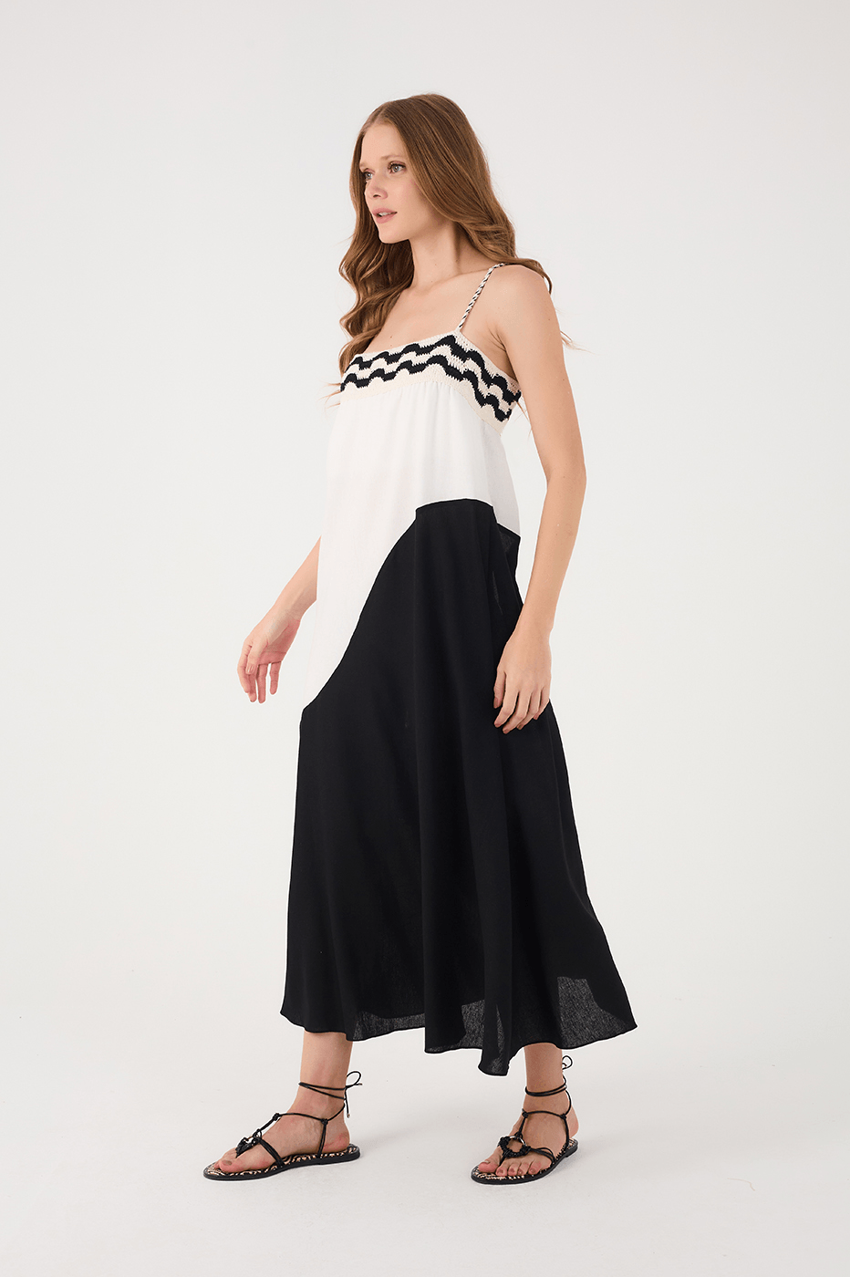 Black And White Crochet Neckline Ties Linen Maxi Dress Black And White / XS Black And White Crochet Neckline Ties Linen Maxi Dress Black And White / XS