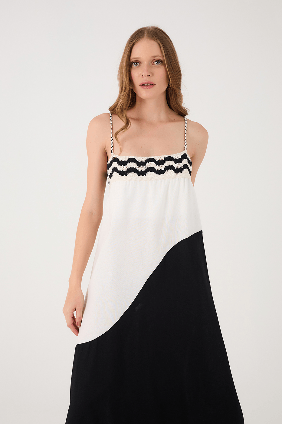 Black And White Crochet Neckline Ties Linen Maxi Dress