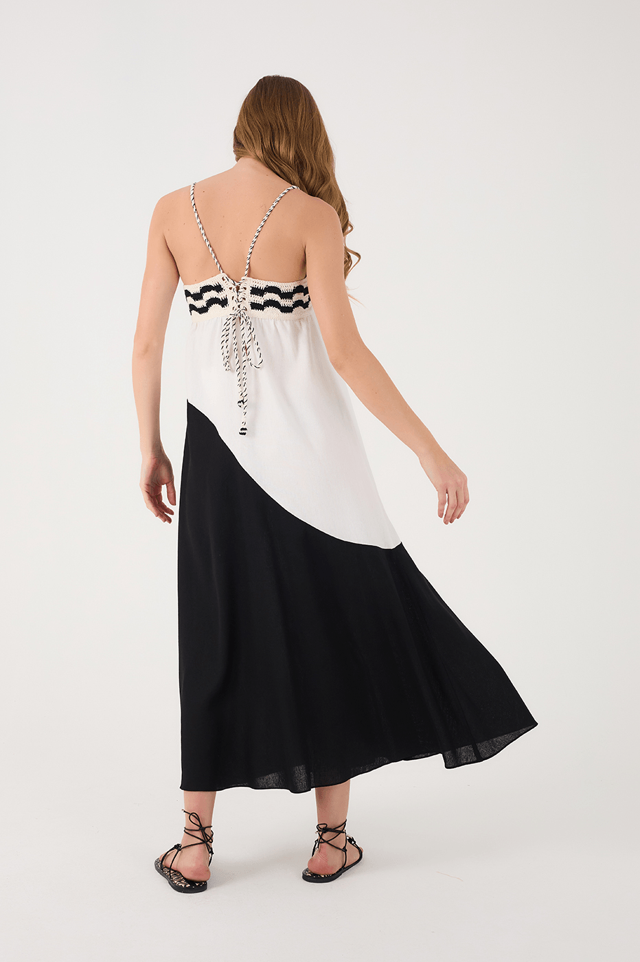 Black And White Crochet Neckline Ties Linen Maxi Dress