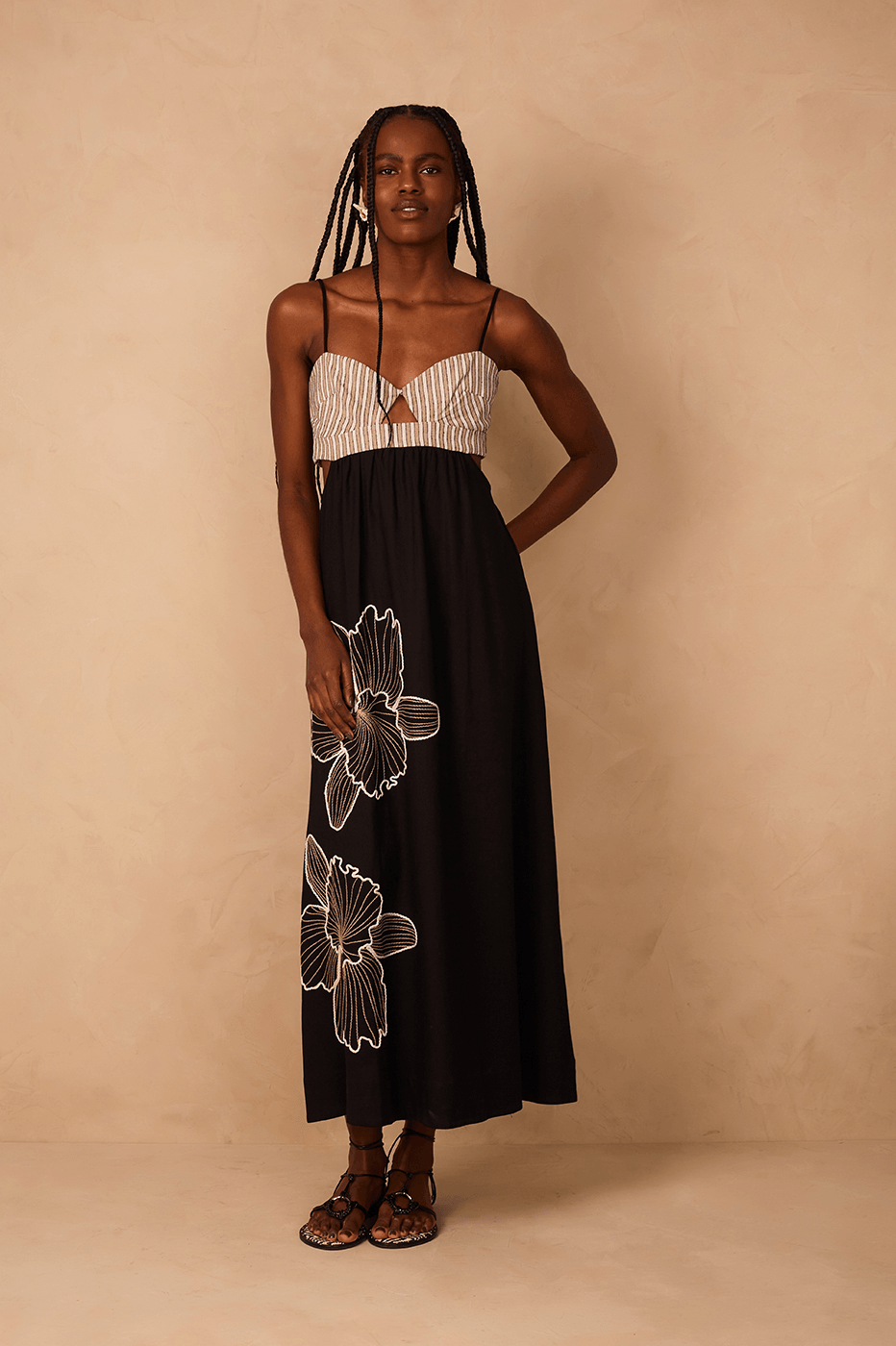 Black Embroidered Cut-Out Bodice Linen Maxi Dress_1