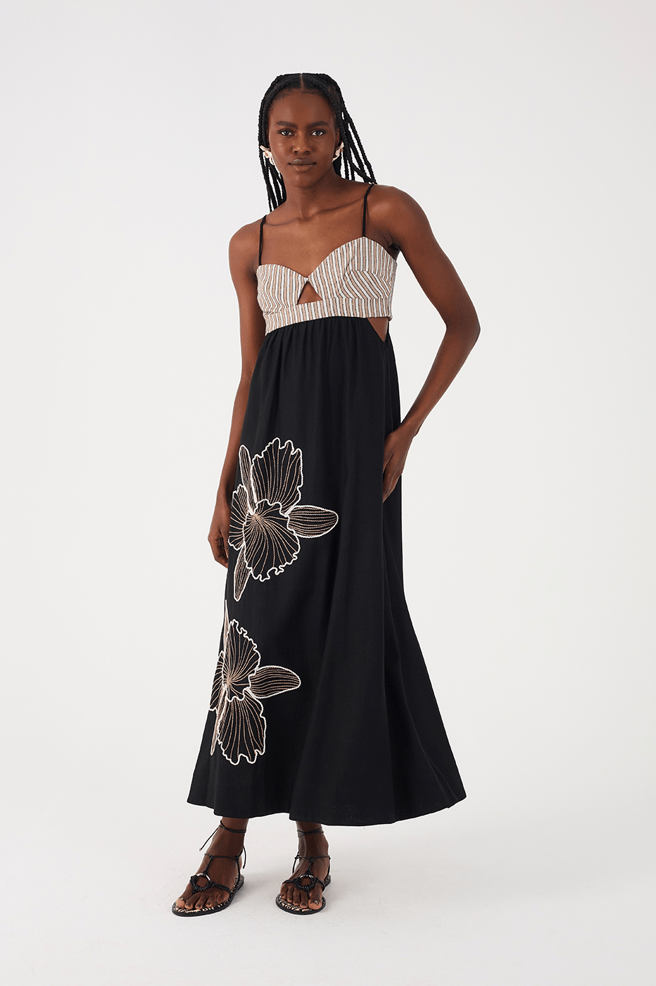 Black Embroidered Cut-Out Bodice Linen Maxi Dress in Black