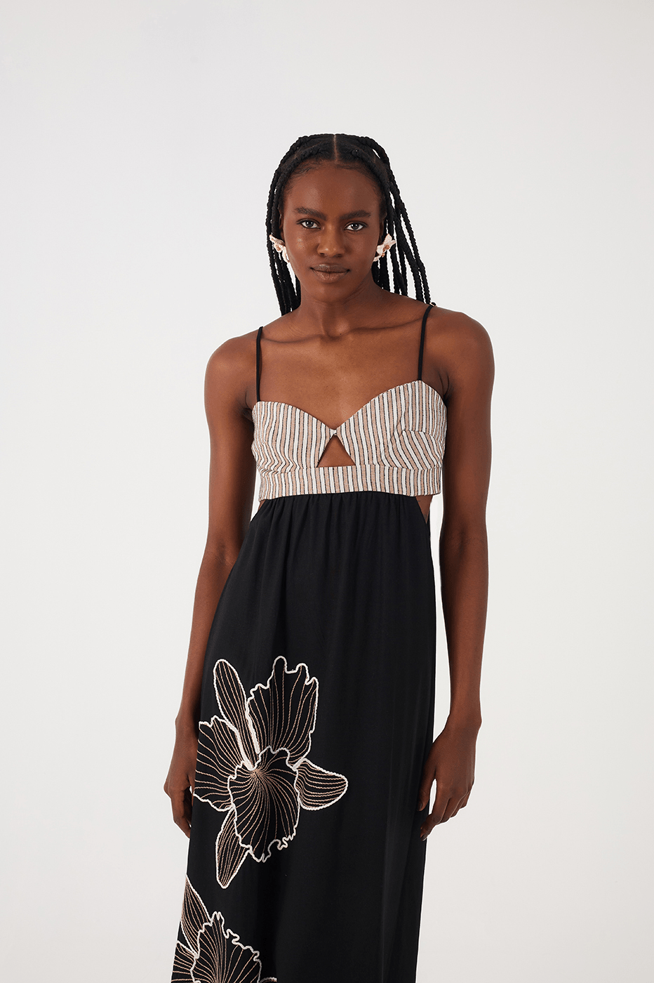 Black Embroidered Cut-Out Bodice Linen Maxi Dress