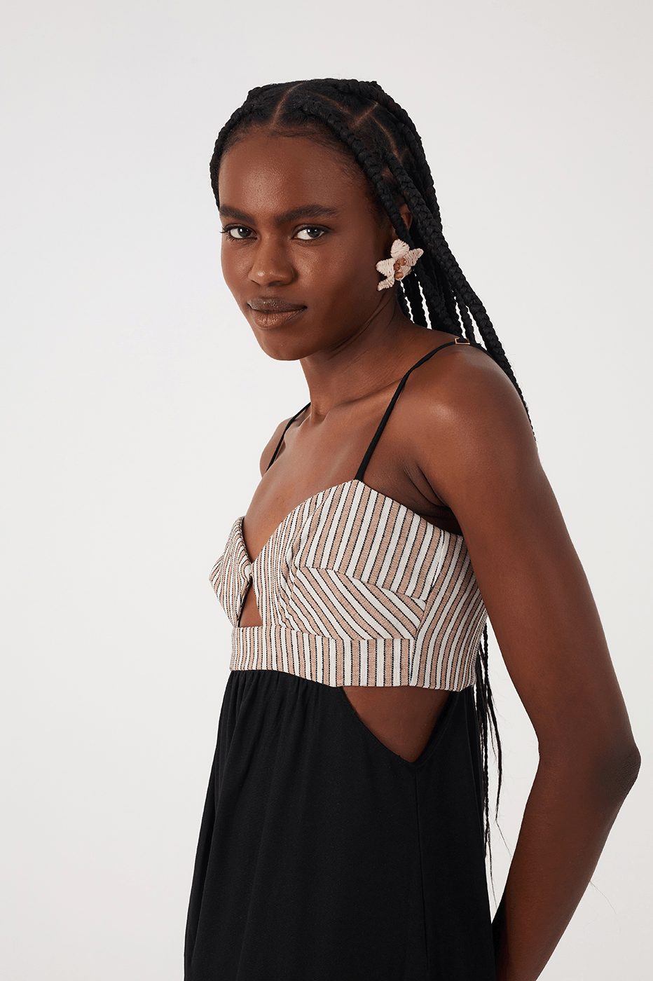 Black Embroidered Cut-Out Bodice Linen Maxi Dress