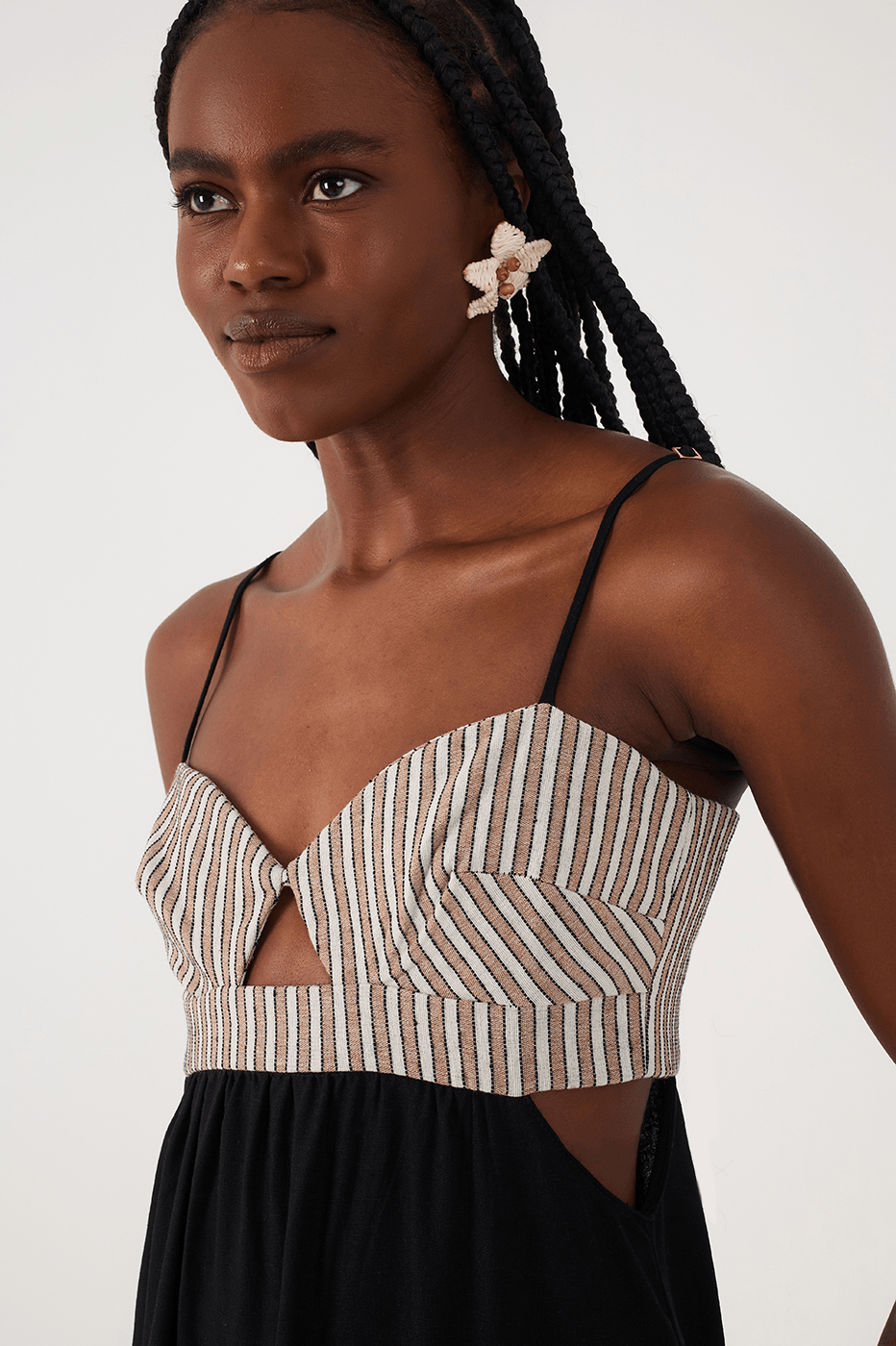 Black Embroidered Cut-Out Bodice Linen Maxi Dress