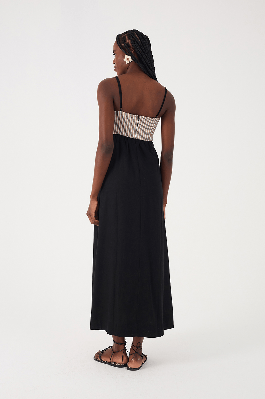 Black Embroidered Cut-Out Bodice Linen Maxi Dress