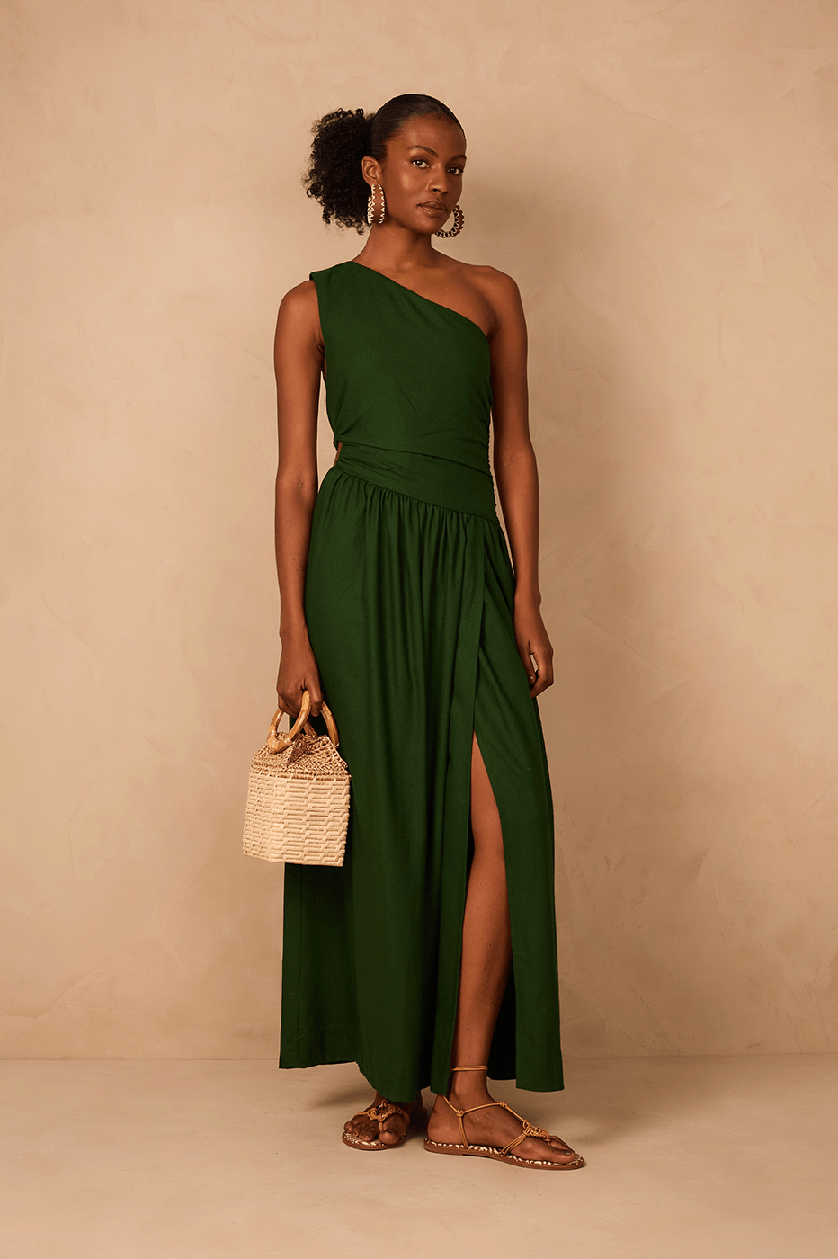 Green Botanical One-Shoulder Draped Linen Maxi Dress