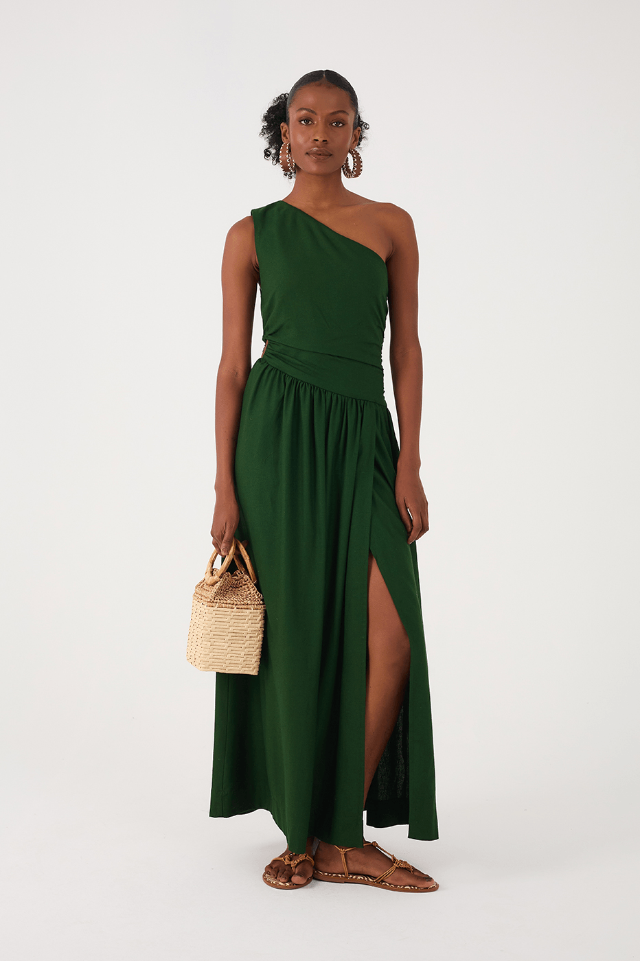 Green Botanical One-Shoulder Draped Linen Maxi Dress