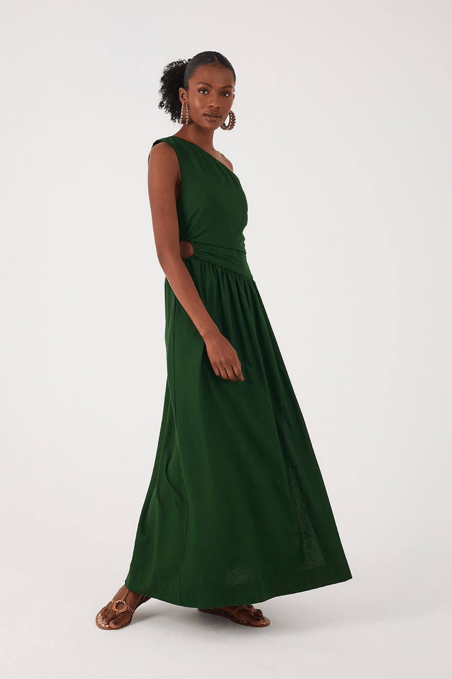 Green Botanical One-Shoulder Draped Linen Maxi Dress