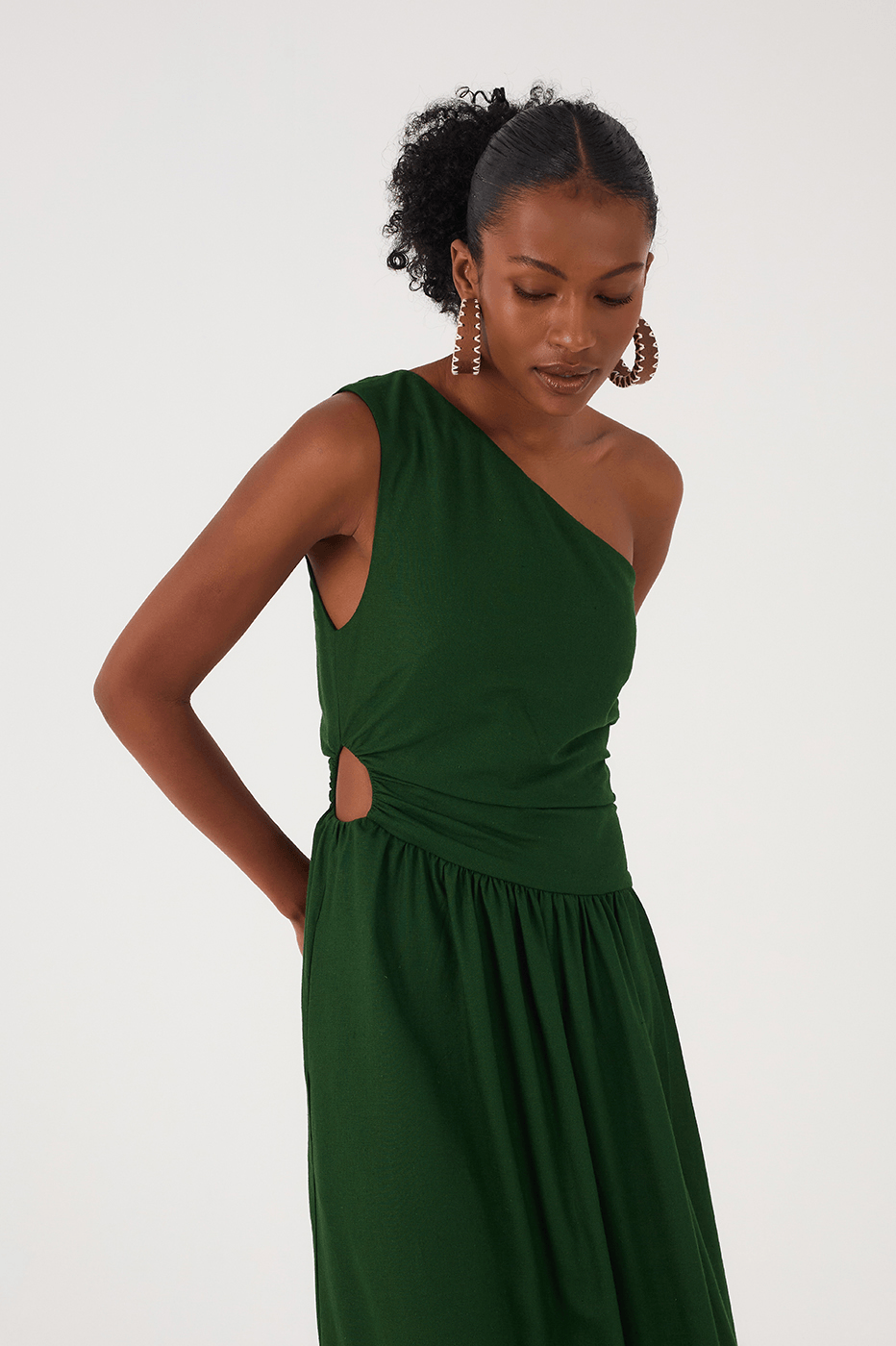 Green Botanical One-Shoulder Draped Linen Maxi Dress