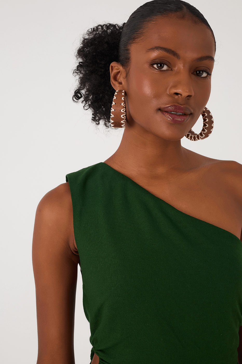 Green Botanical One-Shoulder Draped Linen Maxi Dress