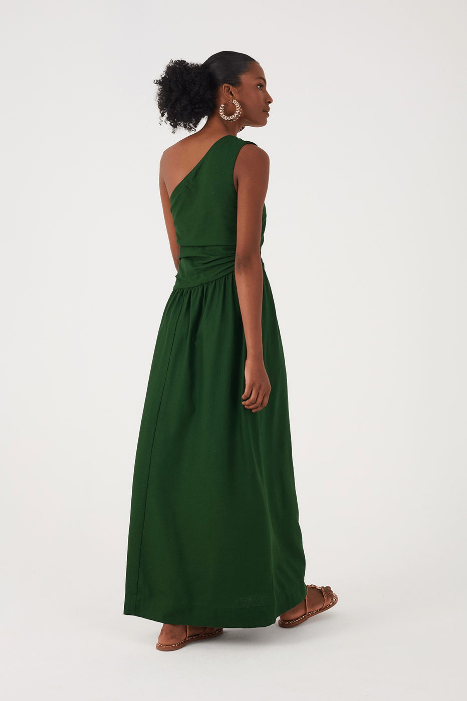 Green Botanical One-Shoulder Draped Linen Maxi Dress
