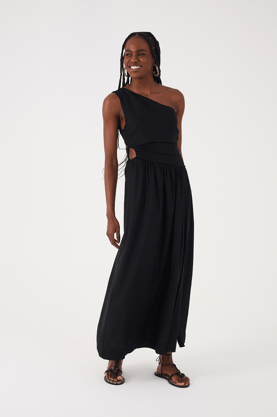Black One-Shoulder Draped Linen Maxi Dress
