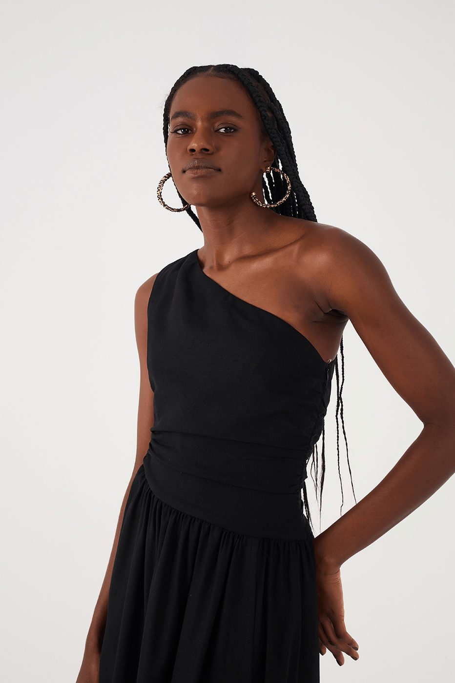 Black One-Shoulder Draped Linen Maxi Dress
