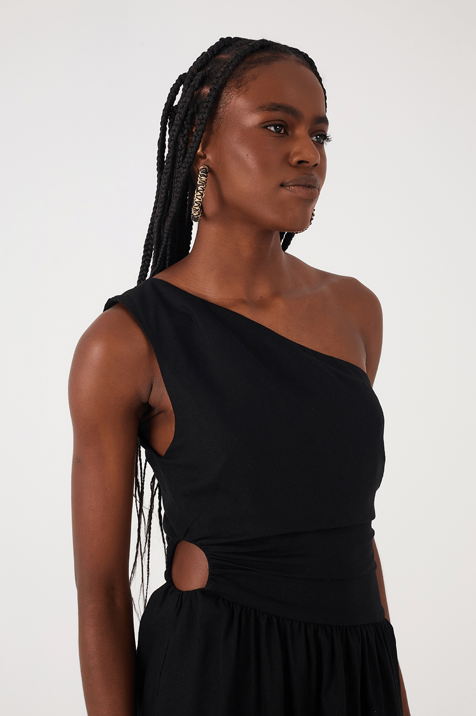 Black One-Shoulder Draped Linen Maxi Dress