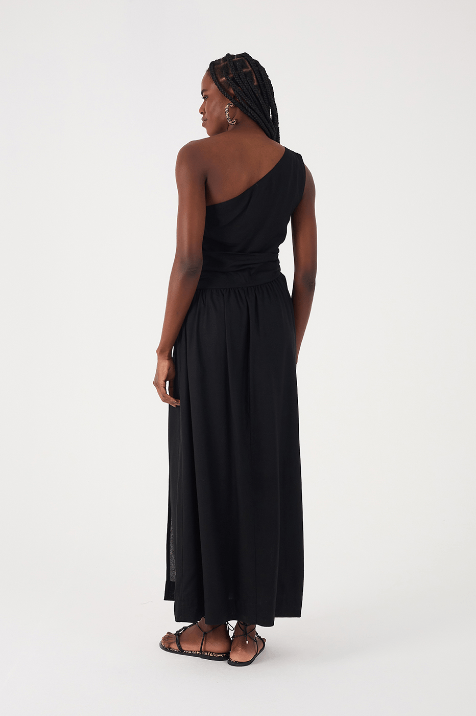 Black One-Shoulder Draped Linen Maxi Dress